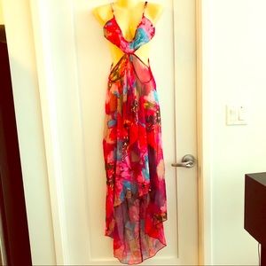 ✅ Gorgeous Pink & Floral Sheer Cut-Out Maxi Dress